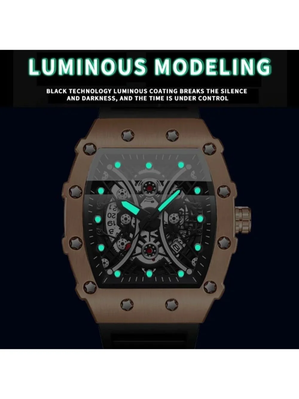 Men's Black Rose Gold Analog Silicone Strap Barrel-Shaped Skeleton Luxury Watch